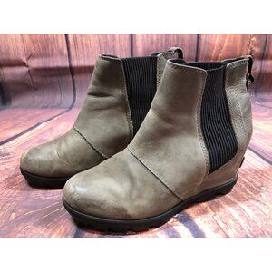 Sorel Joan Of Arctic Taupe Leather Wedge Chelsea Boots Womens 6.5 (e8n)